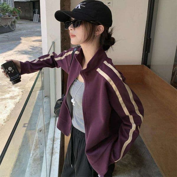 American retro purple women's, autumn double striped contrasting stand up collar cardigan, sports casual baseball jacket women's top sports jacket