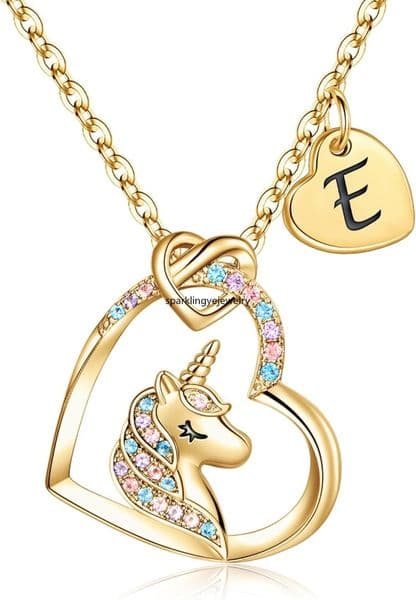 Colorful CZ Heart Pendant Initial Unicorn Necklaces for Girl Jewelry Birthday Gift Christmas Gifts for Women