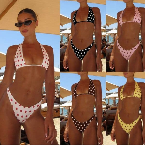 New sexy and fashionable vibrant polka dot print halter neck tie triangle style Valentines Day beach outfit H260414