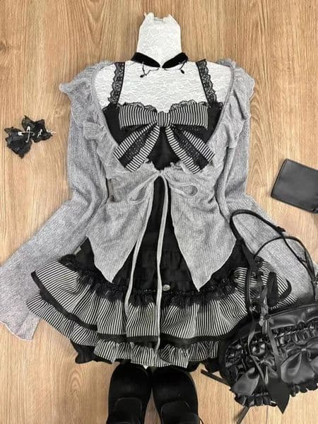 Sweet Lolita Vintage Suit Ruffles Cardigan Sexy Y2k Corset Vest Mini Skirts Autumn Korean Elegant 3 Piece Dress Sets 260415BANJIA