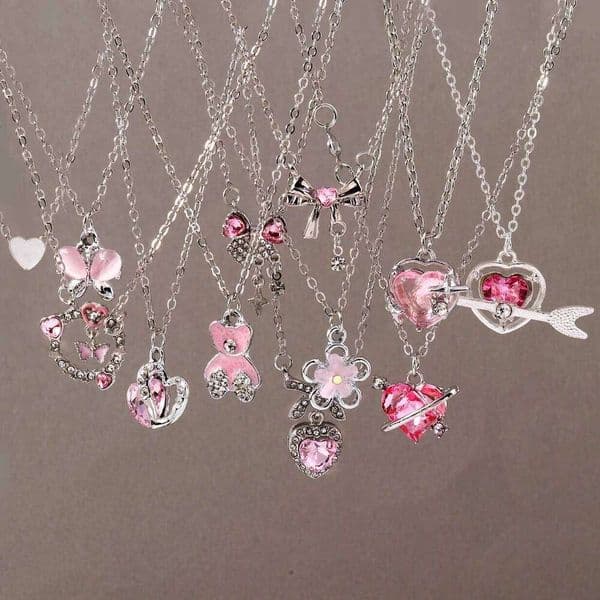 Aihua New Fashion Trendy Y2k Crystal Pink Zircon Heart Pendant For Women Girl Sweet Bowknot Necklace Party Jewelry