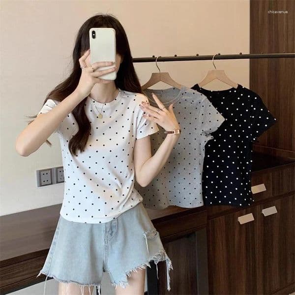 Women's Polos 2026 Vintage Polka Dot Print Short-sleeved Fitted Casual T-shirt With A Round Neck