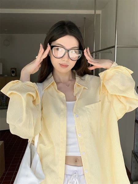 Jmprs Korean Yellow Striped Shirt Women Lazy Wind Loose Preppy Style Blouse Vintage Long Sleeve Casual Female Sweet Tops 260414