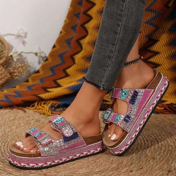 2024 New Cross-Border designer sandals slippers Trade Thick-Soled Hemp Rope Double-Strap Rhinestone Cork Beach Sandals Large Size Women's Shoes