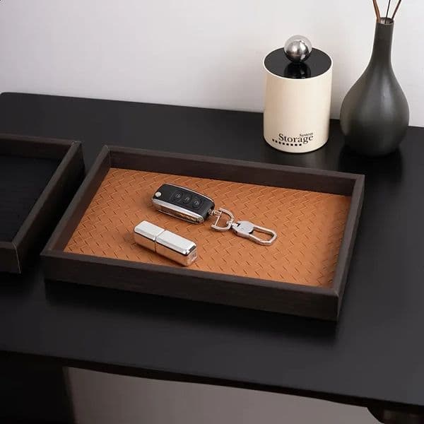 1pc Woven Texture Faux Leather Storage TrayWatch Jewelry Organizer Decorative Home Display Tray Cosmetic Holder 260414