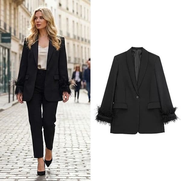Willshela Women Fashion Satin Black With Feather Blazer Jacket Vintage Notched Neck Single Button Long Sleeves Female Outfits 260414
