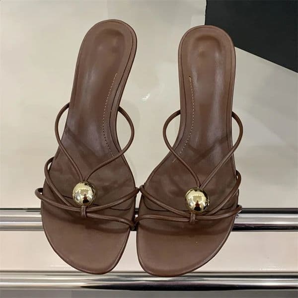 Eilyken Fashion Narrow Band Square Toe Slide Women Slippers Summer Thin Low Heels Party Dress Female Shoes 260414