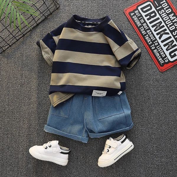05 year old baby boy clothes set summer solid color striped casual childrens short sleeves fashionable handsome shorts twop 260414