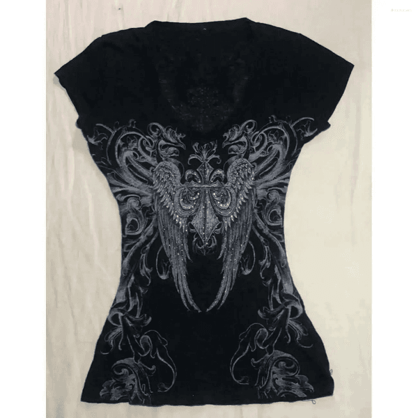 Women's T Shirts Clothes Punk Crop Top Aesthetics Girl Grunge 90s Harajuku V-neck Streetwear Short Sleeve Goth Slim T-shirt Cross