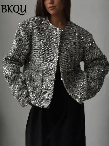 BKQU Tweed Sequined Jackets Women Casual Loose Round Neck Long Sleeved Cropped Silver Cardigan Autumn Female Warm Elegant Coats 260414BJ