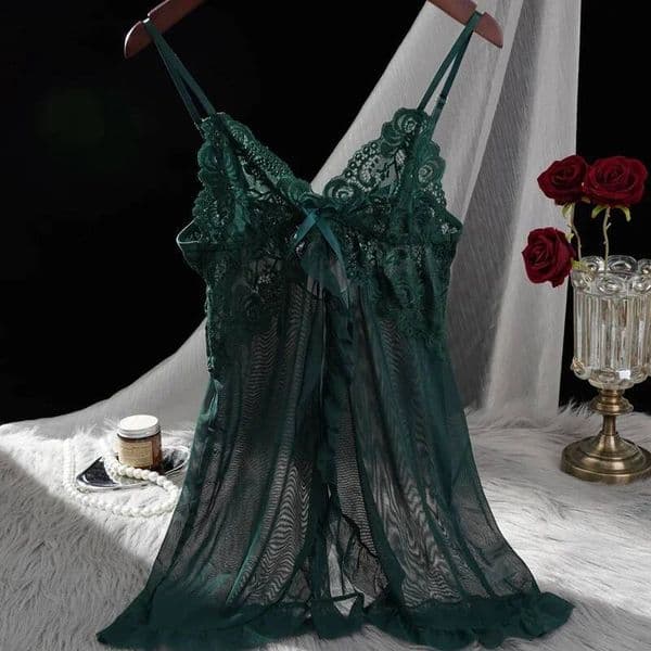 Women's Lace Nightgown Set Sheer Sexy Sleepwear V-Neck Front-Split Pajamas Loungewear with Panty 2-Piece for Women