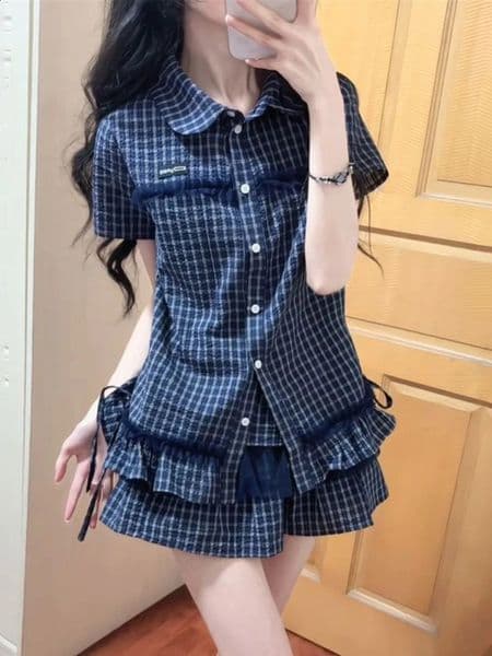Fashion Vintage Preppy Style Slim 2piece Set Women Casual Chic Patchwork Plaid Short Sleeve Top Female Highwaist Skirt 260415BANJIA