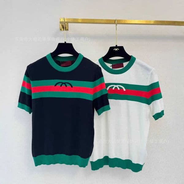 Women's Knits & Tees designer Gohoka~Top~Level Version Early Spring New Style Color-Block Letter Print on Chest Round Neck Knit Short Sleeve Z9EE