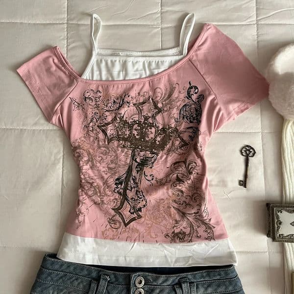 Y2K Harajuku Womens Millennium Short sleeved Top Harajuku Pink Printed Casual Fashion Street Style Sweet Sexy Millennium Style 260407BJ