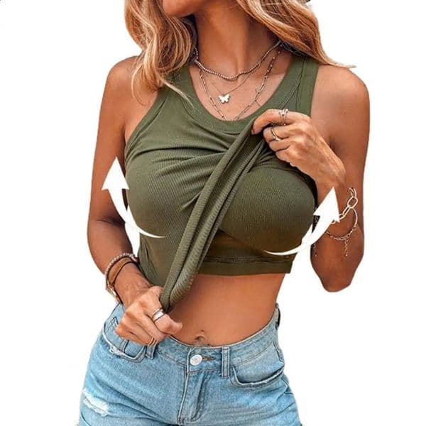 Summer Women Ribbed Tank Top Knitted Vest With Built-in Bra Casual Tee Shirt Crew Neck Sleeveless Basic Vest 260415