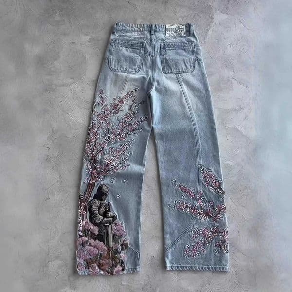 Vescartes 2026 American Vintage Relaxed Fit Jeans with Embroidered Cherry Blossoms - Versatile Wide-Leg Pants L260414