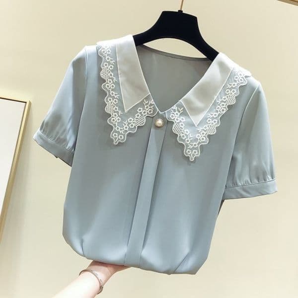 Women Spring Summer Style Blouses Shirts Lady Casual Short Sleeve Peter Pan Collar Blusas Tops ZZ0792 260413 Z260528
