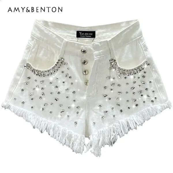 Diamond-Embedded Denim Shorts Womens Fashionable Summer High Waist Loose Slimming Raw Hem Wide Legs Short Pants 260414