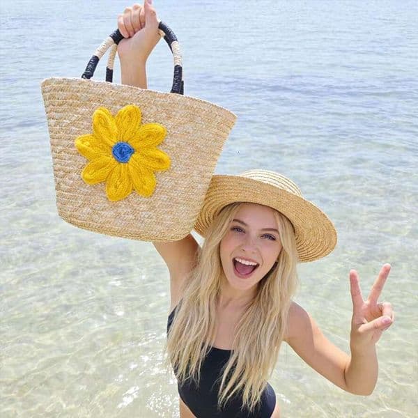 Yellow Flower Woven Women's Handbag Large Capacity Tote Handmade Straw Casual Vacation Beach Bag Handbag Crossbody Bag Shoulder Bag