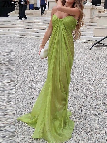 Two Piece Dress Green Pleated Party Gowns 2026 Summer Female Sexy Off Shoulder Sleeveless Backless Sling Dresses Women's Solid Long