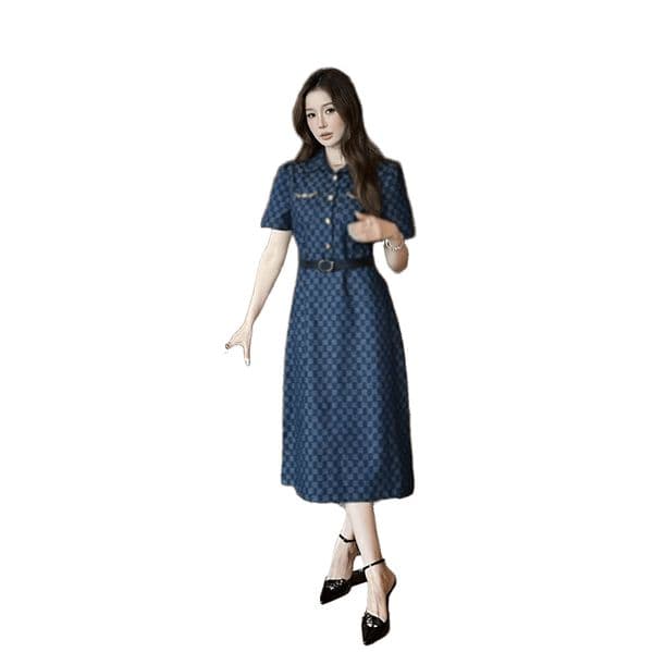 26ss new designer summer high-end fashion trend fashionable retro casual letter print waist slimming lapel jacquard belt long sleeved denim long women's dress S-L