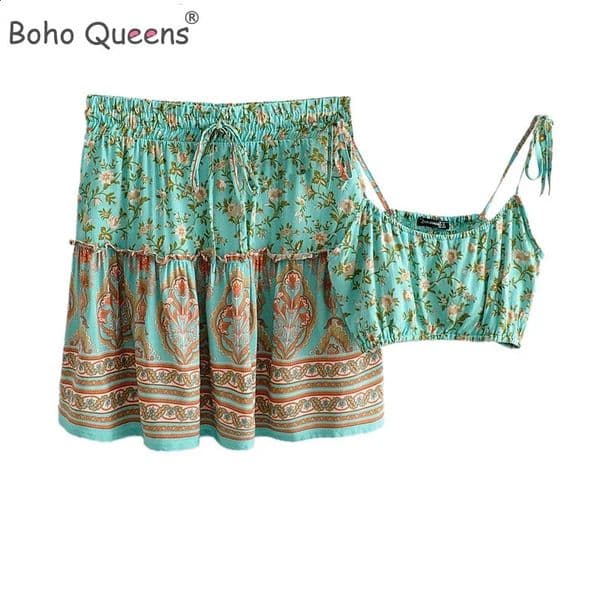 Boho Queens 2 Piece Set Summer Floral Print Rayon Tie Strap Crop Top and Mini Skirt Beach Holiday Outfits 260415