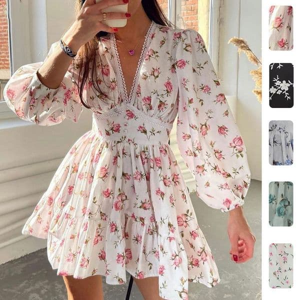 Fashion Women's Temperament Sweet Printed V-Neck Lace Short Dress Sexy Dress White Dress Mini Dress Evening Dresses woman 260415