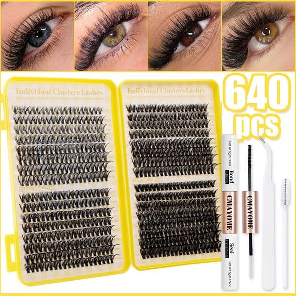 DIY Lashes Kit- 640Pcs Lash Clusters D Curled Fluffy Wispy DIY Eyelash Extensions with Lash Bond and Seal Strong Hold Reusable Eyelashes Natural Look