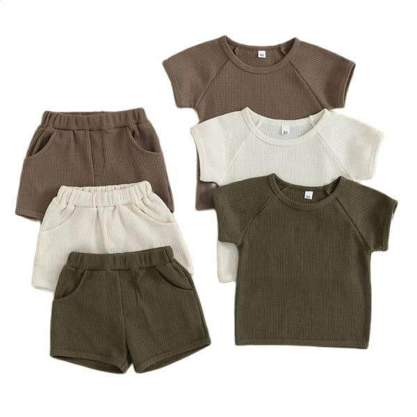 MILANCEL 1-4Y Kids Clothing Set Waffle Boys Tracksuit Solid Tee And Shorts 2 Pcs Clothing Set for Summer 260414