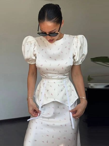 Womens White Floral Print Puff Sleeve Dress With Waistband Fashion Satin Ruffled Hem Maxi Dress Lady 2026 Elegant Party Robes 260414BJ