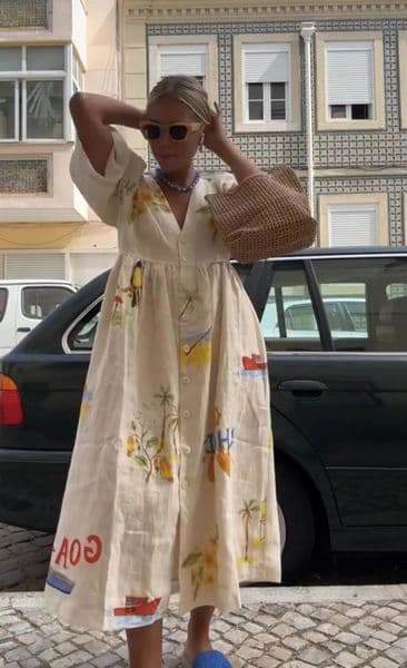 Elegant Printed Dress Women V Neck Puff Sleeve Loose Midi Female Dresses Summer Holidays Casual Lady Beach A-Line Vestidos 260414