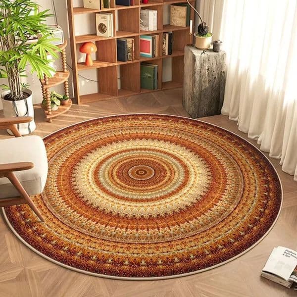 Bohemian Round Rug Colorful Mandala n Orange Brown Beige Tones Ethnic Pattern Area Carpet For Home Decor 260414