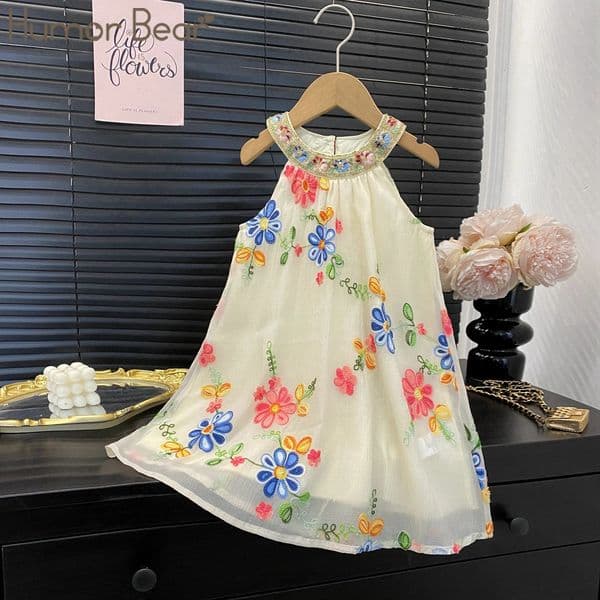 Humor Bear Kids Dresses for Girls Summer Casual Embroidered Halterneck Dress Childrens Clothes Girl 260414