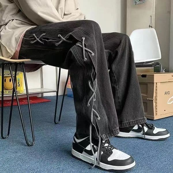 Streetwear Y2k Jeans Pants Lace Up Baggy Black Jeans Man Pants ner Clothes Side Split Korean Fashion 260414BJ