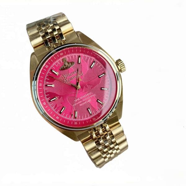 Viennes West Women's moissanite Watch, Gold Tone Stainless Steel Band, Hot Pink Dial Saturn Logo Quartz Wristwatch