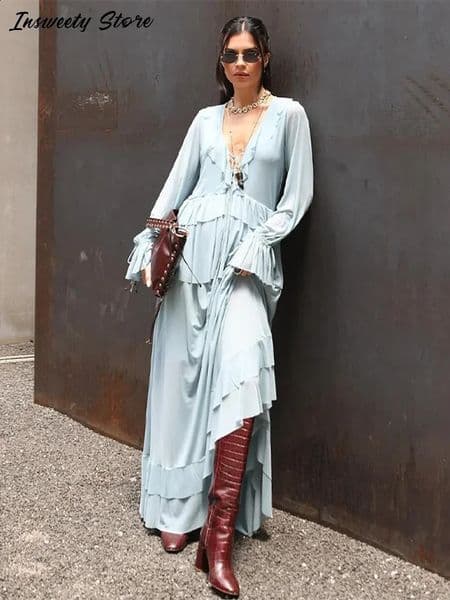 Casual Ruffled Shirt Skirts Set Women Chiffon V-neck Long Sleeve Lace Up Top High Waisted A-line Skirt Autumn Lady Suit 260414