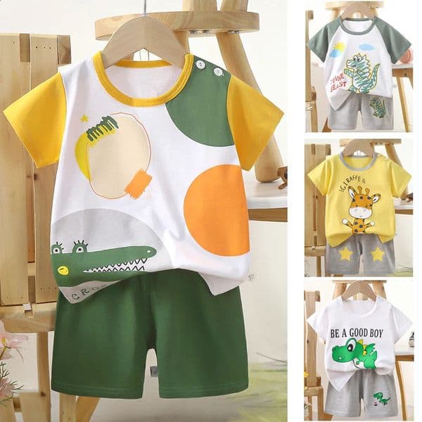 1 Sets Pure Cotton Kids Cartoon Clothing Summer Baby Fashion Short Sleeve Suits Boys Girls TShirtsShorts Children Outfits 260414