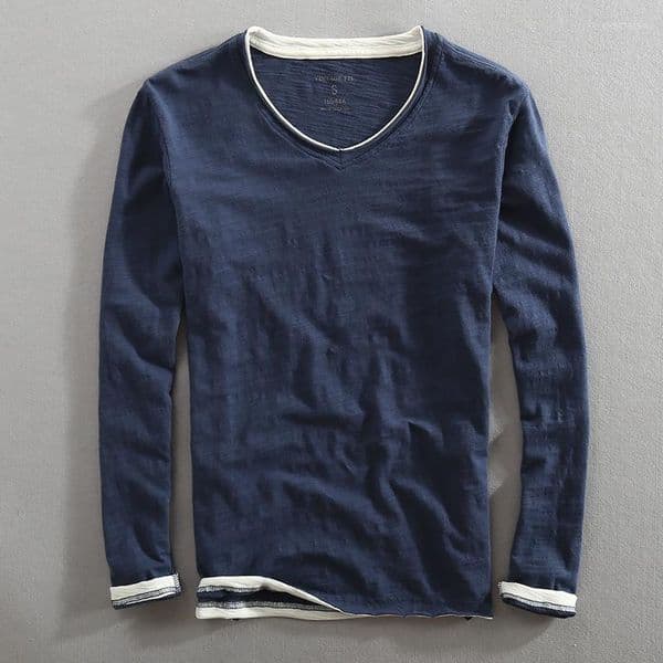Men's T Shirts Europe And The United States Spring Cotton T-shirt Thin Long Sleeve V Collar Fake Two Base Shirt -clear
