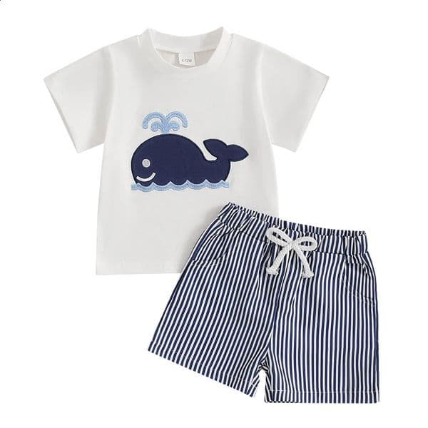 Baby Boy Shorts Set Whale/Dinosaur/Turtle Short Sleeve T-shirts Striped Elastic Waist Shorts Clothes Toddler Summer Outfit 260414