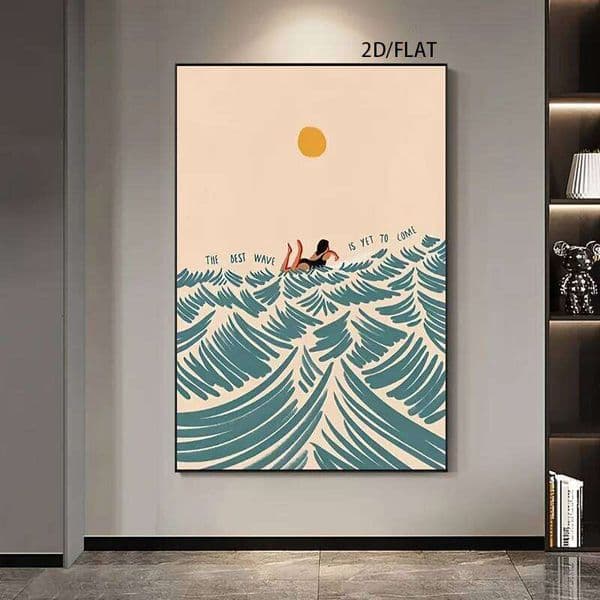 2D Flat, 1pc Surfing in the Waves Sunset Canvas Art Print Large Frameless Wall Decor for Living Room, Bedroom, Office - Modern 26H0415