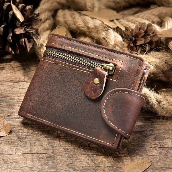 Mens Crazy Horse Leather Short Wallet Genuine Buckle Vintage Top Layer Cowhide Card Holder MultiCard 260415