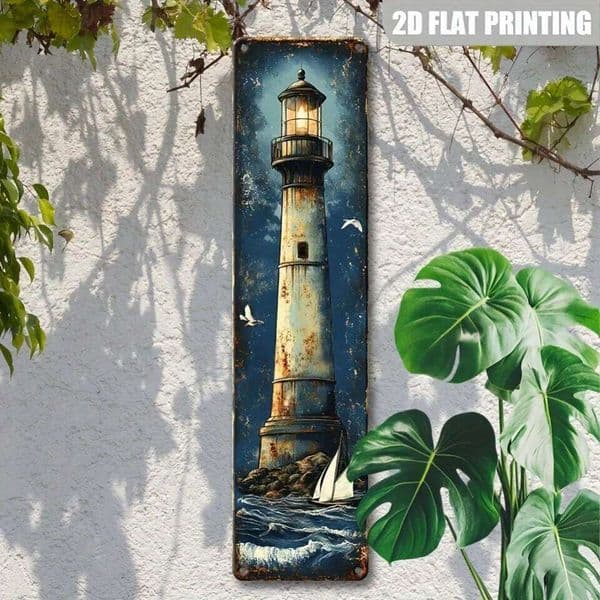 1pc 15.75x3.94" 2D Flat Retro Nautical Lighthouse Iron Logo - Rustic Starry Night Wall Art, Durable Exterior Decor for Home 26Y0416