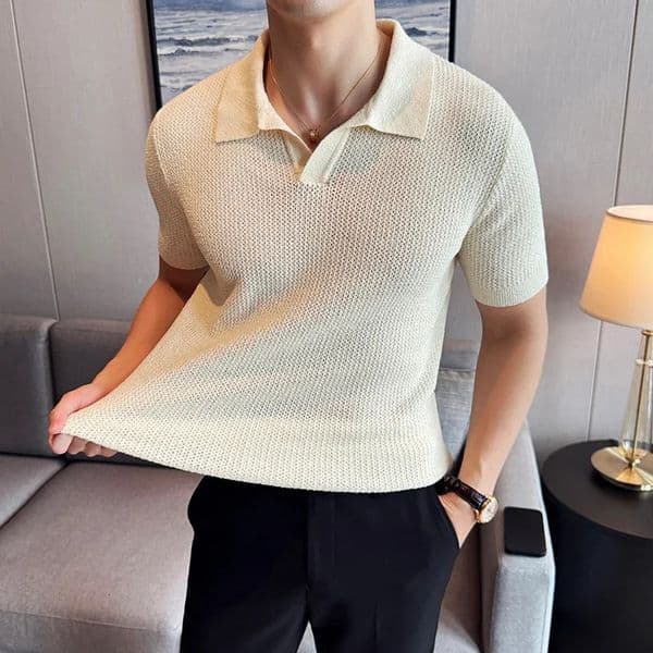 Men Knitted Polo Shirt Summer High-quality Solid Casual Elastic Slim Fit Short Sleeved V-neck Top T-shirt Men Clothing 260416