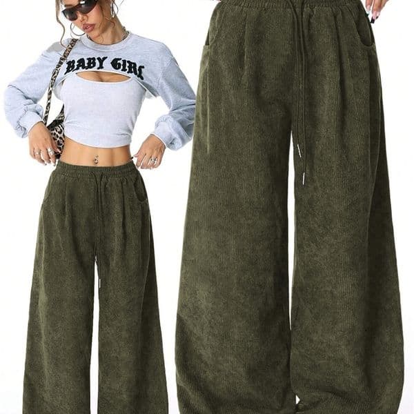 Womens Retro Corduroy Cargo Pants Casual Drawstring Straight Sports Drape Daily Commuting Wide Leg 260415BJ