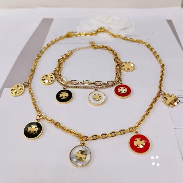 Never fade Colorful black red white 316L Stainless steel Luxury designer Girl women charm bracelets necklace 18K Gold silver fashion summer Jewelry set