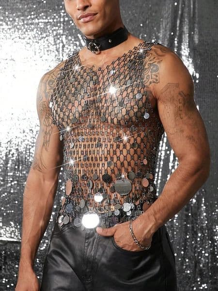 Tank Tops Men Rhinestone Fishnet Shiny Muscle Top Man See Through Vest Round Sequin Sleeveless T-Shirt Party Nightclub Garment 260415BJ