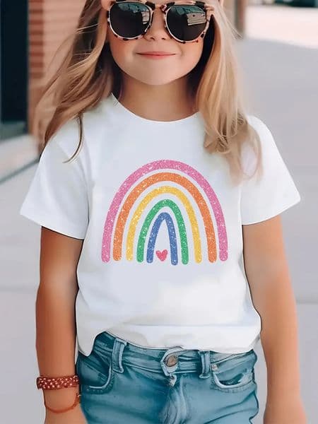 Summer Baby Girl White Clothes Kid Girls Casual Rainbow Printed T-shirts Children Fashion Crew Neck Short Sleeve Top260415 L260508MUXH