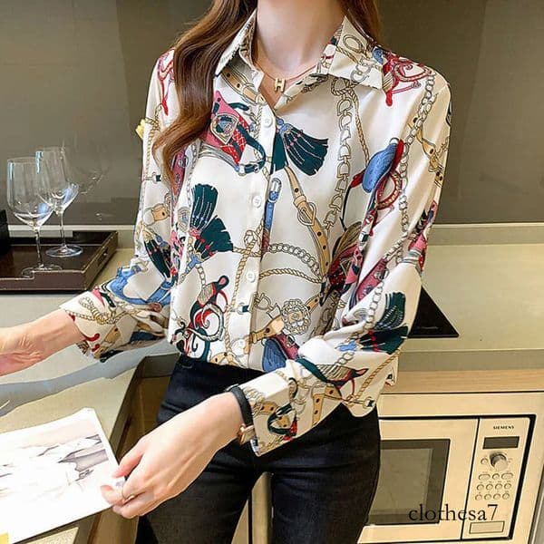 Chain Print Shirt 2025 Spring Chiffon Top Light Luxury Women's Blouse