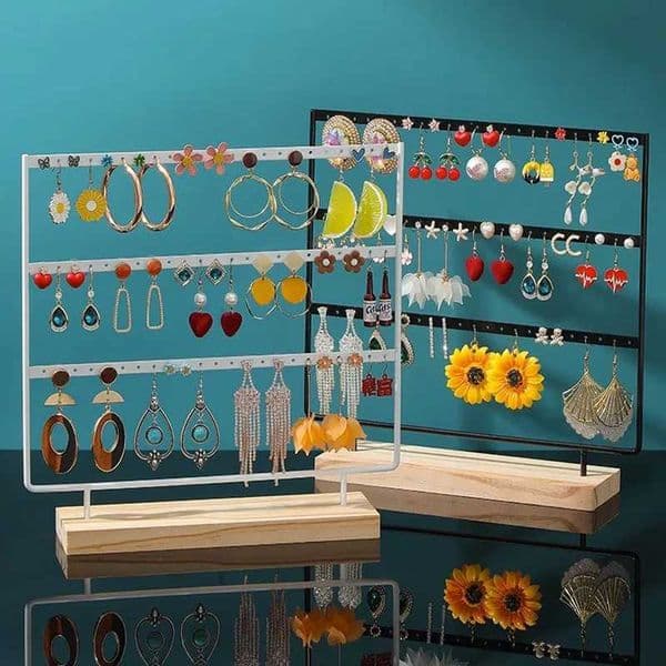 3-Tiers 69 Holes Earring Display HolderMetal 3 Layers Jewelry Storage Organizer Wood Base Stand TreeEar Stud Rack Gift c2604