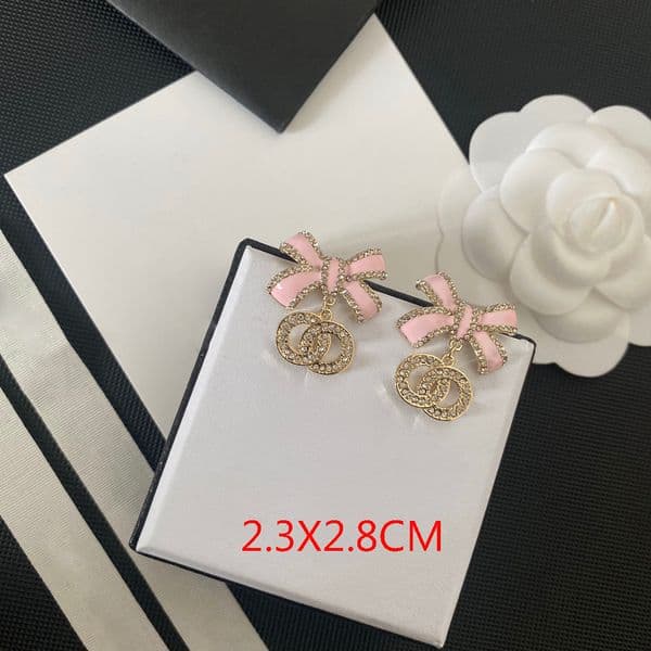 Classics Pink Bowknot Designer Letter Eardrop Stud Brass Copper Geometric Famous Women's Crystal Rhinestone Stamps Earrings Wedding Party Je